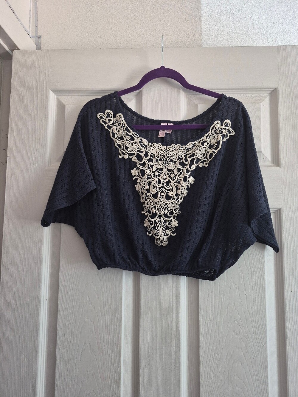 Y2k Dolled Up By Fang Women’s Navy Top with Ivory Lace Appliqué